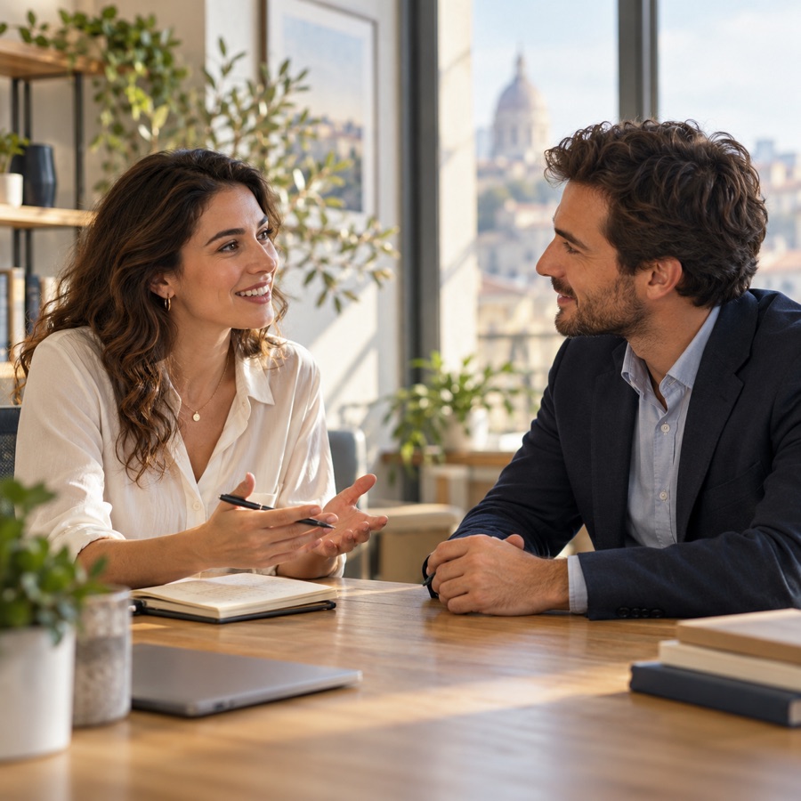 Two colleagues sharing ideas at a desk