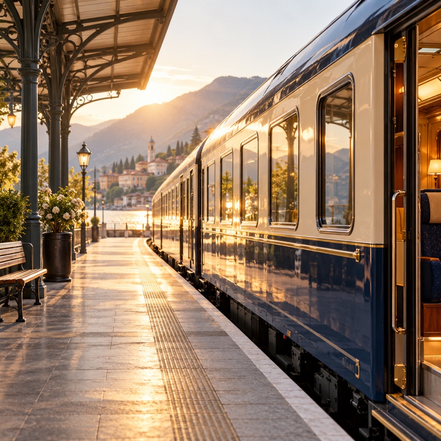 A sunlit train platform, ready for a new journey